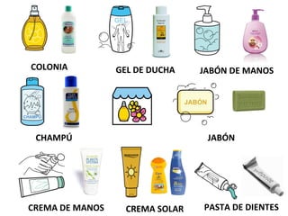 COLONIA GEL DE DUCHA JABÓN DE MANOS
CHAMPÚ JABÓN
CREMA DE MANOS CREMA SOLAR PASTA DE DIENTES
 