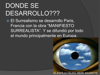 DONDE SE
DESARROLLO???
 El Surrealismo se desarrollo Paris,
Francia con la obra “MANIFIESTO
SURREALISTA”. Y se difundió por todo
el mundo principalmente en Europa.
EL ESPEJO FALSO- RENE MAGRITTE
 