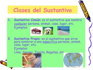 Clases del Sustantivo
1. Sustantivo Común: es el sustantivo que nombra
cualquier persona, animal, cosa, lugar, etc.
Ejemplos:
2. Sustantivo Propio: es el sustantivo que sirve
para nombrar a una especifica persona, animal,
cosa, lugar, etc.
Ejemplos:
Lima, Snoopy, Toyota, Regatas, etc.
Tom
 