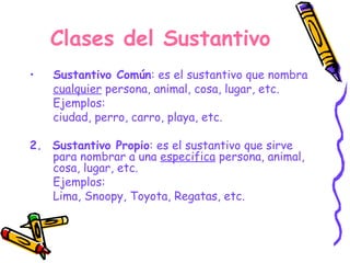 Clases del Sustantivo Sustantivo Común : es el sustantivo que nombra cualquier  persona, animal, cosa, lugar, etc. Ejemplos: ciudad, perro, carro, playa, etc. 2.   Sustantivo Propio : es el sustantivo que sirve para nombrar a una  especifica  persona, animal, cosa, lugar, etc. Ejemplos: Lima, Snoopy, Toyota, Regatas, etc. 