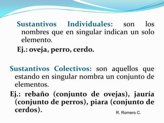 Sustantivos Individuales: son los nombres que en singular indican un solo elemento.Ej.: oveja, perro, cerdo. Sustantivos Colectivos: son aquellos que estando en singular nombra un conjunto de elementos.Ej.: rebaño (conjunto de ovejas), jauría (conjunto de perros), piara (conjunto de cerdos). R. Romero C.