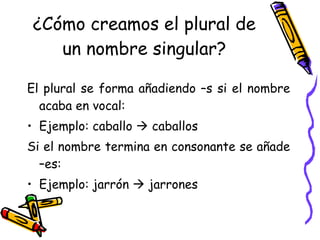¿Cómo creamos el plural de un nombre singular? El plural se forma añadiendo –s si el nombre acaba en vocal: Ejemplo: caballo    caballos Si el nombre termina en consonante se añade –es: Ejemplo: jarrón    jarrones 