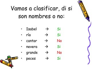 Vamos a clasificar, di si son nombres o no: Isabel   río   cantar   nevera   grande   peces   Si Si No Si No Si 