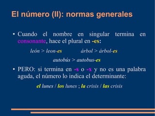El número (II): normas generales
● Cuando el nombre en singular termina en
consonante, hace el plural en -es:
león > leon-es árbol > árbol-es
autobús > autobus-es
● PERO: si termina en -s o -x y no es una palabra
aguda, el número lo indica el determinante:
el lunes / los lunes ; la crisis / las crisis
 
