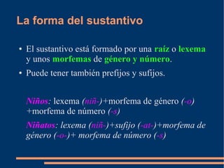 La forma del sustantivo
● El sustantivo está formado por una raíz o lexema
y unos morfemas de género y número.
● Puede tener también prefijos y sufijos.
Niños: lexema (niñ-)+morfema de género (-o)
+morfema de número (-s)
Niñatos: lexema (niñ-)+sufijo (-at-)+morfema de
género (-o-)+ morfema de número (-s)
 