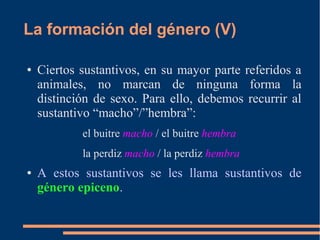 La formación del género (V)
● Ciertos sustantivos, en su mayor parte referidos a
animales, no marcan de ninguna forma la
distinción de sexo. Para ello, debemos recurrir al
sustantivo “macho”/”hembra”:
el buitre macho / el buitre hembra
la perdiz macho / la perdiz hembra
● A estos sustantivos se les llama sustantivos de
género epiceno.
 
