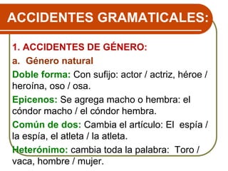 ACCIDENTES GRAMATICALES:
1. ACCIDENTES DE GÉNERO:
a. Género natural
Doble forma: Con sufijo: actor / actriz, héroe /
heroína, oso / osa.
Epicenos: Se agrega macho o hembra: el
cóndor macho / el cóndor hembra.
Común de dos: Cambia el artículo: El espía /
la espía, el atleta / la atleta.
Heterónimo: cambia toda la palabra: Toro /
vaca, hombre / mujer.
 
