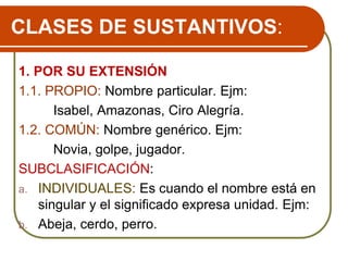 CLASES DE SUSTANTIVOS:
1. POR SU EXTENSIÓN
1.1. PROPIO: Nombre particular. Ejm:
Isabel, Amazonas, Ciro Alegría.
1.2. COMÚN: Nombre genérico. Ejm:
Novia, golpe, jugador.
SUBCLASIFICACIÓN:
a. INDIVIDUALES: Es cuando el nombre está en
singular y el significado expresa unidad. Ejm:
b. Abeja, cerdo, perro.
 