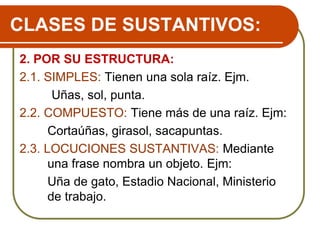 CLASES DE SUSTANTIVOS:
2. POR SU ESTRUCTURA:
2.1. SIMPLES: Tienen una sola raíz. Ejm.
Uñas, sol, punta.
2.2. COMPUESTO: Tiene más de una raíz. Ejm:
Cortaúñas, girasol, sacapuntas.
2.3. LOCUCIONES SUSTANTIVAS: Mediante
una frase nombra un objeto. Ejm:
Uña de gato, Estadio Nacional, Ministerio
de trabajo.
 
