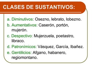 CLASES DE SUSTANTIVOS:
a. Diminutivos: Osezno, lebrato, lobezno.
b. Aumentativos: Caserón, portón,
mujerón.
c. Despectivo: Mujerzuela, poetastro,
libraco.
d. Patronímicos: Vásquez, García, Ibañez.
e. Gentilicios: Afgano, habanero,
regiomontano.
 