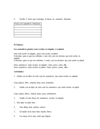 6. Escribe 5 frases que contengan al menos un sustantivo femenino.
Frases con sustantivos femeninos
El Número.
Los sustantivos pueden estar escritos en singular o en plural.
Gato está escrito en singular, gatos está escrito en plural.
Si decimos gato es que nos referimos a uno sólo, por eso decimos que está escrito en
singular.
Si decimos gatos es que nos referimos a varios, por eso decimos que está escrito en plural.
Estos sustantivos están escritos en singular: Gato, perro, cama, silla…
Estos sustantivos están escritos en plural: Gatos, perros, camas, sillas…
Actividades:
1. Señala con un lápiz de color rojo los sustantivos que están escritos en singular:
Caja, pájaros, libro, carpetas, hoja, pera, ordenador.
2. Señala con un lápiz de color azul los sustantivos que están escritos en plural.
Cajas, pájaro, libros, carpeta, hojas, pera, ordenadores.
3. Señala en estas frases los sustantivos escritos en singular.
1. Este lápiz no pinta bien.
2. Este dibujo tiene muchos colores.
3. El mantel de la mesa tiene muchas flores.
4. Las mesas de la clase están muy limpias.
 