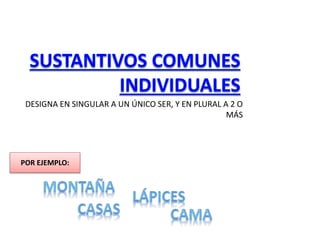 DESIGNA EN SINGULAR A UN ÚNICO SER, Y EN PLURAL A 2 O
MÁS
POR EJEMPLO:
 