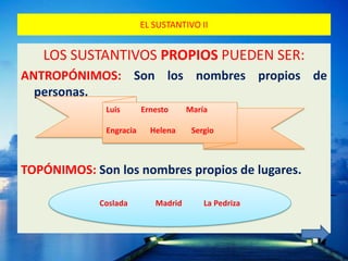 EL SUSTANTIVO II


   LOS SUSTANTIVOS PROPIOS PUEDEN SER:
ANTROPÓNIMOS: Son los nombres propios de
  personas.
             Luis       Ernesto     María

             Engracia     Helena     Sergio



TOPÓNIMOS: Son los nombres propios de lugares.

            Coslada        Madrid       La Pedriza
 