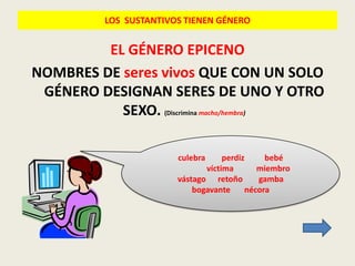 LOS SUSTANTIVOS TIENEN GÉNERO


         EL GÉNERO EPICENO
NOMBRES DE seres vivos QUE CON UN SOLO
 GÉNERO DESIGNAN SERES DE UNO Y OTRO
           SEXO. (Discrimina macho/hembra)

                        culebra     perdiz     bebé
                               víctima       miembro
                        vástago retoño       gamba
                            bogavante     nécora
 