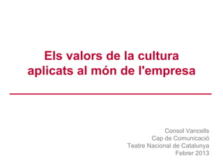 Els valors de la cultura
aplicats al món de l'empresa
Consol Vancells
Cap de Comunicació
Teatre Nacional de Catalunya
Febrer 2013
 