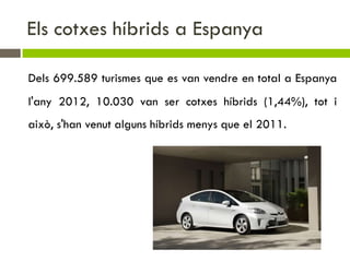 Els cotxes híbrids a Espanya

Dels 699.589 turismes que es van vendre en total a Espanya
l'any 2012, 10.030 van ser cotxes híbrids (1,44%), tot i
això, s'han venut alguns híbrids menys que el 2011.
 