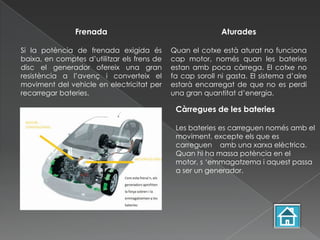 Frenada                                     Aturades

Si la potència de frenada exigida és         Quan el cotxe està aturat no funciona
baixa, en comptes d’utilitzar els frens de   cap motor, només quan les bateries
disc el generador ofereix una gran           estan amb poca càrrega. El cotxe no
resistència a l’avenç i converteix el        fa cap soroll ni gasta. El sistema d’aire
moviment del vehicle en electricitat per     estarà encarregat de que no es perdi
recarregar bateries.                         una gran quantitat d’energia.

                                              Càrregues de les bateries

                                              Les bateries es carreguen només amb el
                                              moviment, excepte els que es
                                              carreguen amb una xarxa elèctrica.
                                              Quan hi ha massa potència en el
                                              motor, s ‘emmagatzema i aquest passa
                                              a ser un generador.
 