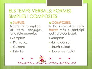 ELS TEMPS VERBALS: FORMES
SIMPLES I COMPOSTES.
 SIMPLES:              COMPOSTES:
Només hi ha implicat   hi ha implicat el verb
el verb conjugat.      haver més el participi
Una sola paraula.      del verb conjugat.
Exemples:              Exemples:
• Dansava,             • Havia dansat
• Cuinaré              • Haurà cuinat
• Estudio              • Haurem estudiat
 