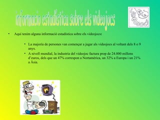 •   Aquí tenim alguna informació estadística sobre els videojocs:

          • La majoría de persones van començar a jugar als videojocs al voltant dels 8 o 9
            anys.
          • A nivell mundial, la industria del videojoc factura prop de 24.000 millons
            d’euros, dels que un 47% correspon a Nortamérica, un 32% a Europa i un 21%
            a Àsia.
 