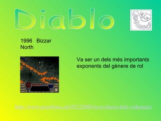 1996 Bizzar
  North

                           Va ser un dels més importants
                           exponents del gènere de rol




http://www.pocafeina.cat/05122006/la-evolucio-dels-videojocs/
 