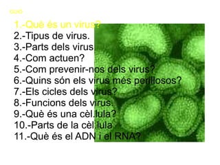 GUIÓ

 1.-Què és un virus?
 2.-Tipus de virus.
 3.-Parts dels virus
 4.-Com actuen?
 5.-Com prevenir-nos dels virus?
 6.-Quins són els virus més perillosos?
 7.-Els cicles dels virus?
 8.-Funcions dels virus.
 9.-Què és una cèl.lula?
 10.-Parts de la cèl.lula
 11.-Què és el ADN i el RNA?
 