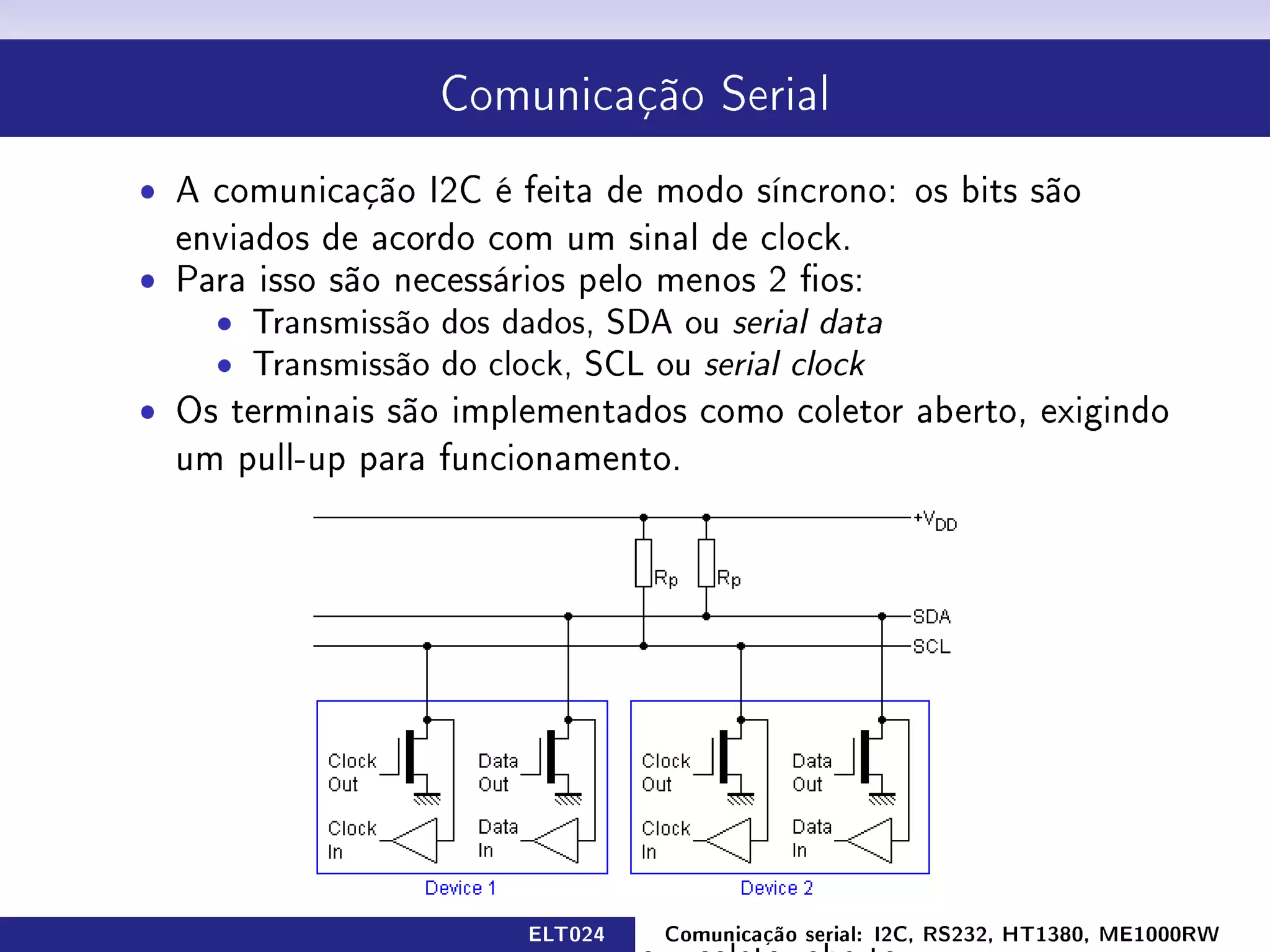Comunicação Serial


ˆ A comunicação I2C é feita de modo síncrono: os bits são
  enviados de acordo com um sinal de clock.
ˆ Para isso são necessários pelo menos 2 os:
    ˆ Transmissão dos dados, SDA ou serial data
    ˆ Transmissão do clock, SCL ou serial clock
ˆ Os terminais são implementados como coletor aberto, exigindo
  um pull-up para funcionamento.




                       ELT024   Comunicação serial: I2C, RS232, HT1380, ME1000RW
 