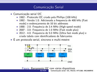 Comunicação Serial


ˆ Comunicação serial I2C
    ˆ 1982 - Protocolo I2C criado pela Phillips (100 kHz)
    ˆ 1992 - Versão 1.0: Adicionada a frequencia de 400 kHz (Fast
      mode) e endereçamento de 10 bit addresses
    ˆ 1998 - 2.0: Frequência de 3.4 MHz (High-speed mode)
    ˆ 2007 - 3.0: Frequencia de 1.0 MHz (Fast mode plus)
    ˆ 2012 - 4.0: Frequencia de 5.0 MHz (Ultra fast mode plus) e
      criada tabela com identicadores de fabricantes
ˆ É um protocolo serial, sincrono e multi-mestre




         Figura: Barramento I2C com vários dispositivos
                         ELT024   Comunicação serial: I2C, RS232, HT1380, ME1000RW
 