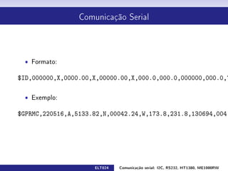 Comunicação Serial




  ˆ Formato:

$ID,000000,X,0000.00,X,00000.00,X,000.0,000.0,000000,000.0,????


  ˆ   Exemplo:


$GPRMC,220516,A,5133.82,N,00042.24,W,173.8,231.8,130694,004.2,W*70




                            ELT024    Comunicação serial: I2C, RS232, HT1380, ME1000RW
 