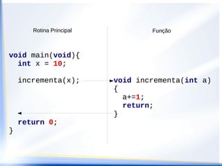 Rotina Principal           Função



void main(void){
  int x = 10;

    incrementa(x);        void incrementa(int a)
                          {
                            a+=1;
                            return;
                          }
    return 0;
}
 