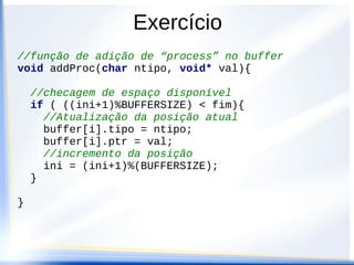 Exercício
//função de adição de “process” no buffer
void addProc(char ntipo, void* val){

    //checagem de espaço disponível
    if ( ((ini+1)%BUFFERSIZE) < fim){
      //Atualização da posição atual
      buffer[i].tipo = ntipo;
      buffer[i].ptr = val;
      //incremento da posição
      ini = (ini+1)%(BUFFERSIZE);
    }

}
 