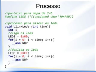 Processo
//ponteiro para mapa de I/O
#define LEDS (*((unsigned char*)0xF95))

//processo para piscar os leds
void blinkLeds (int time){
  int i;
  //liga os leds
  LEDS = 0x00;
  for(i = 0; i < time; i++){
    __asm NOP
  }
  //desliga os leds
  LEDS = 0xFF;
  for(i = 0; i < time; i++){
    __asm NOP
  }
}
 