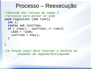 Processo – Reexecução
//Omissão das rotinas de tempo 3
//processo para piscar os leds
void toggleLeds (int time){
  int i;
  static int lastTime;
  if ( (now() - lastTime) >= time){
    LEDS = ~LEDS;
    LastTime = now();
  }

}

//a função now() deve retornar o horário em
        unidades de segundo/milisegundo
 