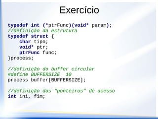 Exercício
typedef int (*ptrFunc)(void* param);
//definição da estrutura
typedef struct {
    char tipo;
    void* ptr;
    ptrFunc func;
}process;

//definição do buffer circular
#define BUFFERSIZE 10
process buffer[BUFFERSIZE];

//definição dos “ponteiros” de acesso
int ini, fim;
 
