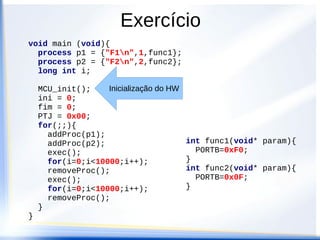 Exercício
void main (void){
process p1 = {"F1n",1,func1};
process p2 = {"F2n",2,func2};
long int i;
MCU_init();
ini = 0;
fim = 0;
PTJ = 0x00;
for(;;){
addProc(p1);
addProc(p2);
exec();
for(i=0;i<10000;i++);
removeProc();
exec();
for(i=0;i<10000;i++);
removeProc();
}
}
int func1(void* param){
PORTB=0xF0;
}
int func2(void* param){
PORTB=0x0F;
}
Inicialização do HW
 