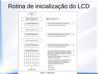 Driver
● Exemplo:
● Display de LCD:
– 16 colunas X 2 linhas
– Compatível com HD44780 (Hitachi)
● Dragon12
– Ligação em 4 bits
– Acesso à EN e RS
● MC9HCS12DG256
– Utilizada a porta K
● Rotinas de inicialização e comunicação
 