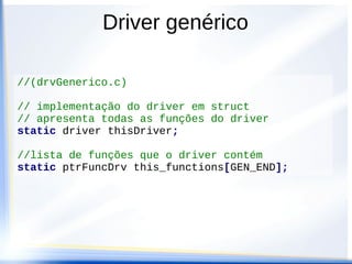 Driver genérico
#ifndef drvGenerico_h
#define drvGenerico_h
#include "dd_types.h"
//lista de funções do driver
enum {
GEN_PORTB, GEN_END
};
//função de acesso ao driver
driver* getGenericoDriver(void);
#endif // drvGenerico_h
 