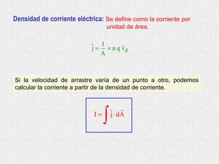 Densidad de corriente eléctrica:   Se define como la corriente por unidad de área. Si la velocidad de arrastre varía de un punto a otro, podemos calcular la corriente a partir de la densidad de corriente. 