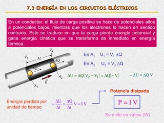 7. 3  ENERGÍA EN LOS CIRCUITOS ELÉCTRICOS En un conductor, el flujo de carga positiva se hace de potenciales altos a potenciales bajos, mientras que los electrones lo hacen en sentido contrario. Esto se traduce en que la carga pierde energía potencial y gana energía cinética que se transforma de inmediato en energía térmica. En A 1 U 1  = V 1    Q En A 2  U 2  = V 2    Q Energía perdida por unidad de tiempo Potencia disipada Se mide en vatios (W) 