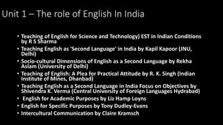 Unit 1 – The role of English In India
• Teaching of English for Science and Technology) EST in Indian Conditions
by R S Sharma
• Teaching English as 'Second Language' in India by Kapil Kapoor (JNU,
Delhi)
• Socio-cultural Dimensions of English as a Second Language by Rekha
Aslam (University of Delhi)
• Teaching of English: A Plea for Practical Attitude by R. K. Singh (Indian
Institute of Mines, Dhanbad)
• Teaching English as a Second Language in India Focus on Objectives by
Shivendra K. Verma (Central University of Foreign Languages Hydrabad)
• English for Academic Purposes by Liz Hamp Loyns
• English for Specific Purposes by Tony Dudley-Evans
• Intercultural Communication by Claire Kramsch
 