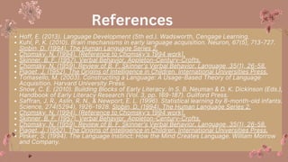 Hoff, E. (2013). Language Development (5th ed.). Wadsworth, Cengage Learning.
Kuhl, P. K. (2010). Brain mechanisms in early language acquisition. Neuron, 67(5), 713-727.
Slobin, D. (1994). The Human Language Series 2.
Chomsky, N. (1994). [Reference to Chomsky's 1994 work].
Skinner, B. F. (1957). Verbal Behavior. Appleton-Century-Crofts.
Chomsky, N. (1959). Review of B. F. Skinner's Verbal Behavior. Language, 35(1), 26-58.
Piaget, J. (1952). The Origins of Intelligence in Children. International Universities Press.
Tomasello, M. (2003). Constructing a Language: A Usage-Based Theory of Language
Acquisition. Harvard University Press.
Snow, C. E. (2010). Building Blocks of Early Literacy. In S. B. Neuman & D. K. Dickinson (Eds.),
Handbook of Early Literacy Research (Vol. 3, pp. 169-187). Guilford Press.
Saffran, J. R., Aslin, R. N., & Newport, E. L. (1996). Statistical learning by 8-month-old infants.
Science, 274(5294), 1926-1928. Slobin, D. (1994). The Human Language Series 2.
Chomsky, N. (1994). [Reference to Chomsky's 1994 work].
Skinner, B. F. (1957). Verbal Behavior. Appleton-Century-Crofts.
Chomsky, N. (1959). Review of B. F. Skinner's Verbal Behavior. Language, 35(1), 26-58.
Piaget, J. (1952). The Origins of Intelligence in Children. International Universities Press.
Pinker, S. (1994). The Language Instinct: How the Mind Creates Language. William Morrow
and Company.
References
 