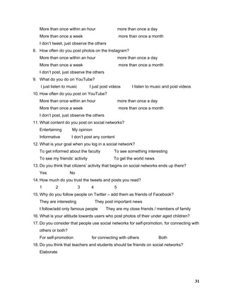 More than once within an hour                   more than once a day 
More than once a week                               more than once a month 
I don’t tweet, just observe the others 
8. How often do you post photos on the Instagram? 
More than once within an hour                   more than once a day 
More than once a week                               more than once a month 
I don’t post, just observe the others 
9. What do you do on YouTube? 
 I just listen to music           I just post videos          I listen to music and post videos 
10. How often do you post on YouTube? 
More than once within an hour                   more than once a day 
More than once a week                               more than once a month 
I don’t post, just observe the others 
11. What content do you post on social networks? 
Entertaining         My opinion 
Informative          I don’t post any content 
12. What is your goal when you log in a social network? 
To get informed about the faculty            To see something interesting 
To see my friends’ activity                       To get the world news 
13. Do you think that citizens’ activity that begins on social networks ends up there? 
Yes                    No 
14. How much do you trust the tweets and posts you read? 
1            2                 3          4                  5 
15. Why do you follow people on Twitter – add them as friends of Facebook? 
They are interesting                They post important news 
I follow/add only famous people       They are my close friends / members of family 
16. What is your attitude towards users who post photos of their under aged children? 
17. Do you consider that people use social networks for self­promotion, for connecting with 
others or both? 
For self­promotion                for connecting with others                 Both 
18. Do you think that teachers and students should be friends on social networks? 
Elaborate   
31
 