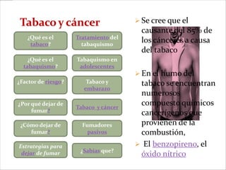 Tabaco y cáncer                        Se cree que el
                                         causante del 85% de
   ¿Qué es el        Tratamiento del
    tabaco?            tabaquismo
                                         los cánceres a causa
                                         del tabaco
    ¿Qué es el       Tabaquismo en
  tabaquismo?         adolescentes
                                        En el humo del
¿Factor de riesgo?      Tabaco y        tabaco se encuentran
                       embarazo
                                        numerosos
¿Por qué dejar de
                     Tabaco y cáncer
                                        compuesto químicos
     fumar?                             cancerígenos que
 ¿Cómo dejar de        Fumadores        provienen de la
    fumar?               pasivos        combustión,
Estrategias para                        El benzopireno, el
                      ¿Sabías que?
 dejar de fumar                         óxido nítrico
 