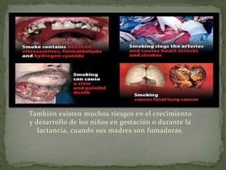 También existen muchos riesgos en el crecimiento
y desarrollo de los niños en gestación o durante la
   lactancia, cuando sus madres son fumadoras.
 