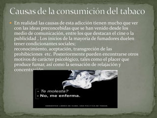  En realidad las causas de esta adicción tienen mucho que ver
  con las ideas preconcebidas que se han venido desde los
  medio de comunicación, entre los que destacan el cine o la
  publicidad , Los inicios de la mayoría de fumadores duelen
  tener condicionantes sociales;
  reconocimiento, aceptación, transgreción de las
  prohibiciones etc. Posteriormente pueden encontrarse otros
  motivos de carácter psicológico, tales como el placer que
  produce fumar, así como la sensación de relajación y
  concentración.
 