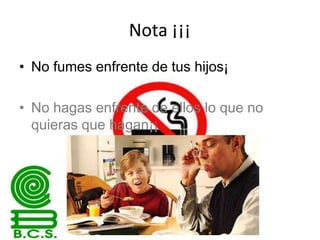 Nota ¡¡¡
• No fumes enfrente de tus hijos¡
• No hagas enfrente de ellos lo que no
quieras que hagan¡¡

 