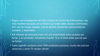 • Según una investigación del CDC (Centro de Control de Enfermedad), hay
más muertes causados por el tabaco que todas estas causas combinadas:
HIV, uso de drogas ilegales, uso de alcohol, accidentes automovilísticos,
suicidios, y asesinatos.
• 8.6 millones de personas viven con una enfermedad seria causado por
fumar, y en promedio, fumadores mueren 13 a 14 años antes que los que
no fuman.
• Cada cigarrillo contiene como 7000 productos químicos, mucho de cual son
venenoso y como 70 causan cáncer.
 