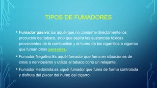 TIPOS DE FUMADORES
• Fumador pasivo: Es aquél que no consume directamente los
productos del tabaco, sino que aspira las sustancias tóxicas
provenientes de la combustión y el humo de los cigarrillos o cigarros
que fuman otras personas.
• Fumador Negativo:Es aquél fumador que fuma en situaciones de
crisis o nerviosismo y utiliza al tabaco cono un relajante.
• Fumador Hedonista:es aquél fumador que fuma de forma controlada
y disfruta del placer del humo del cigarro.
 