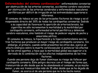 Enfermedades del sistema cardiovascular:   enfermedades coronarias por obstrucción de las arterias coronarias, accidentes cerebro vasculares por obstrucción de las arterias cerebrales y enfermedades vasculares periféricas por déficit de irrigación en las extremidades superiores e inferiores.  El consumo de tabaco es uno de los principales factores de riesgo y es el responsable directo del 30% de todas las cardiopatías coronarias. Debido a su capacidad de favorecer la aparición de arteriosclerosis, los cigarrillos no sólo incrementan la mortalidad y la morbilidad por cardiopatía coronaria, enfermedad arterial periférica y dolencias cerebro-vasculares, sino también el riesgo de padecer angina de pecho y aneurisma aórtico.  El consumo de tabaco, la hipertensión y la hipercolesterolemia son los tres factores que producen un mayor riesgo de cardiopatía coronaria. Sin embargo, el primero, cuando están presentes los otros dos, ejerce un efecto sinérgico sobre la muerte cardiovascular al potenciar los efectos de los otros agentes, y hace que la mortalidad global sea superior a la derivada de la combinación de los efectos independientes de los tres factores.  Cuando una persona deja de fumar disminuye su riesgo de fallecer por cardiopatía coronaria. Este peligro decrece con el tiempo de forma que, transcurrido un año desde que se ha abandonado el consumo, es ya mucho menor, y una vez transcurridos más de 15 años desde que se ha dejado de fumar, se acerca al de una persona que no lo ha hecho nunca.  