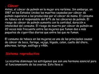 . Cáncer Antes, el cáncer de pulmón en la mujer era rarísimo. Sin embargo, en 1987 en los Estados Unidos las muertes causadas por cáncer de pulmón superaron a las producidas por el cáncer de mama. El consumo de tabaco es el responsable del 87% de los cánceres de pulmón. El riesgo de cáncer de pulmón aumenta con la cantidad, duración e intensidad del consumo. El riesgo de muerte por cáncer de pulmón es 20 veces más frecuente entre las mujeres que fuman dos o más paquetes de cigarrillos diarios que entre las que no fuman. El consumo de tabaco en las mujeres es una de las principales causas de cáncer de boca, faringe, vejiga, hígado, colon, cuello del útero, páncreas, laringe, esófago y riñón. Sistema reproductivo La nicotina disminuye los estrógenos que son una hormona esencial para el funcionamiento de los ovarios. Esto lleva a:  