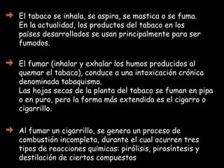 El fumar (inhalar y exhalar los humos producidos al quemar el tabaco), conduce a una intoxicación crónica denominada tabaquismo. Las hojas secas de la planta del tabaco se fuman en pipa o en puro, pero la forma más extendida es el cigarro o cigarrillo. El tabaco se inhala, se aspira, se mastica o se fuma. En la actualidad, los productos del tabaco en los pa í ses desarrollados se usan principalmente para ser fumados.  Al fumar un cigarrillo, se genera un proceso de combustión incompleta, durante el cual ocurren tres tipos de reacciones qu í micas: pirólisis, pirosíntesis y destilación de ciertos compuestos  